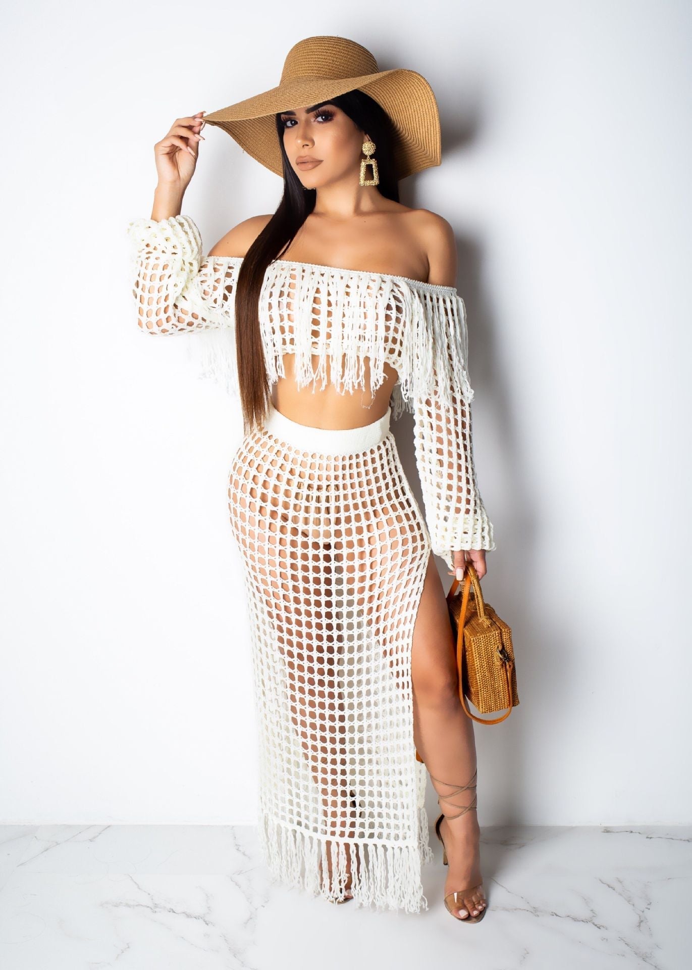 Women Clothing Casual Mesh Tassel Beach Skirt Two Piece Set Bella Mia